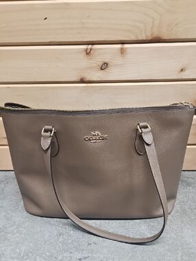 COACH Dark Stone Pebbled Leather Tote with Gold Hardware